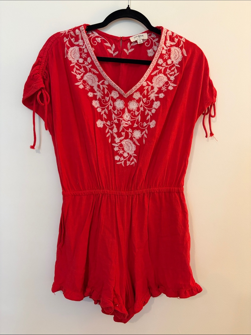 Umgee Red Embroidered V-Neck Romper